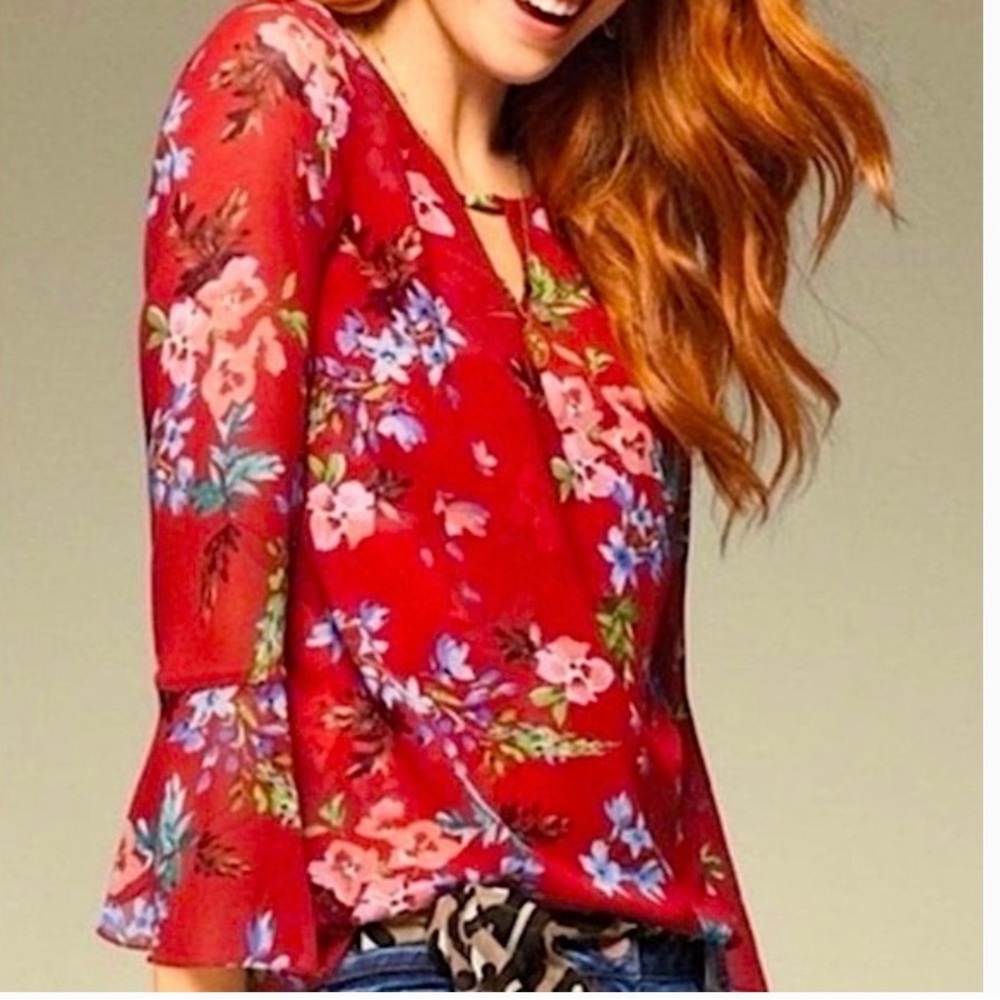 CAbi Devoted Red Floral Sheer Sleeve Blouse